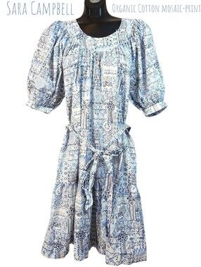Sara Campbell Women organic cotton belted dress Blue mosaic print ruffle Midi M